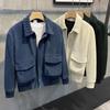 Korean Style Men's Corduroy Jacket - Solid Color, Warm, Lapel, with Large Pockets