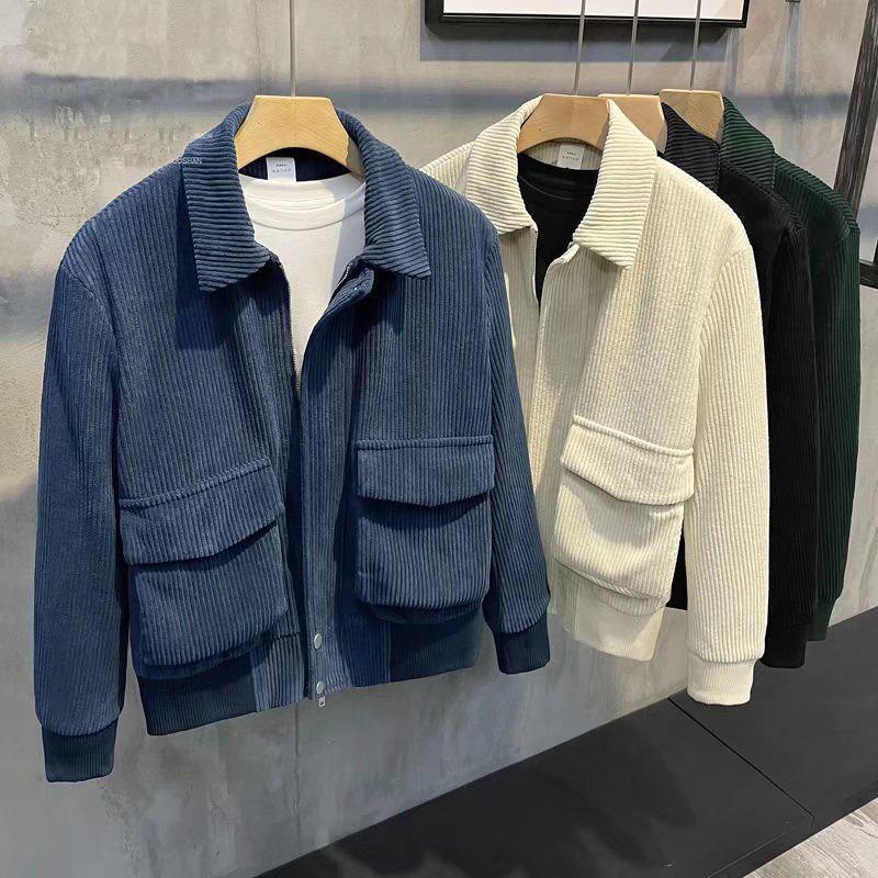 Korean Style Men's Corduroy Jacket - Solid Color, Warm, Lapel, with Large Pockets