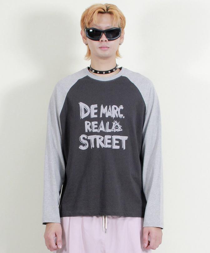 Deumakeu Text Raglan Color Block Long Sleeve T-Shirt Gray & Charcoal