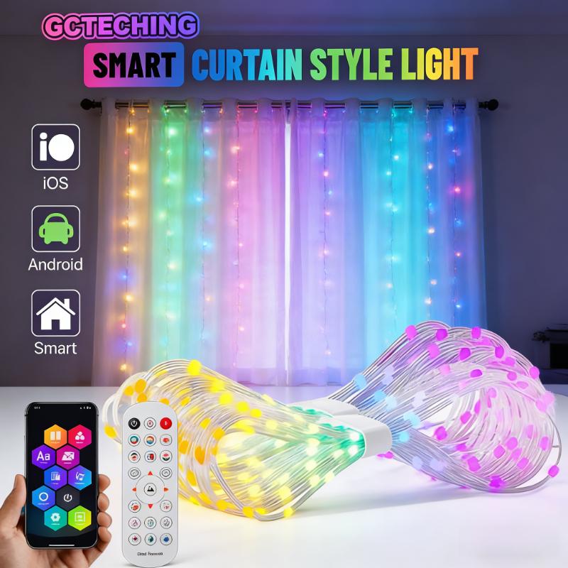 400LEDs Smart Curtain Lights, Bluetooth App RGB Fairy String Lights, DIY Music Sync LED Lights for Window Bedroom Decoration