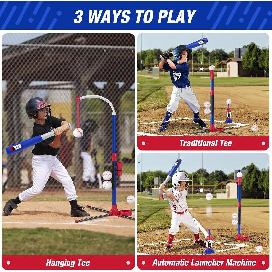 3-in-1 Baseball Set for Kids 3-5 - Tee Ball Stand, Hanging Tee, Ball Launcher and 6 Softballs - Adjustable Height, Indoor/Outdoor Sport Gifts for