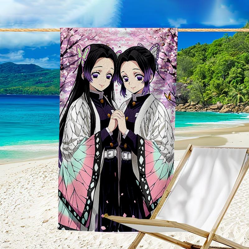 proof beach towel with a Demon Slayer characters1 pattern - soft,absorbent,quick-drying,machine washable - perfect for swimming,camping,bathing
