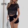 Women T-shirt Round Neck Short Sleeve Shiny Sequins Tee Shirt Loose Fit Hollow Design Casual Breathable Tops