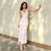 French-Style Pure Desire Floral Print Lace Patchwork Deep V-Neck Spaghetti Strap Dress, Sexy Backless A-Line Long Dress