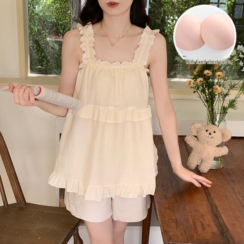 2026 Summer Women's Pajama Set: Princess Style Cloud Cotton Camisole with Built-in Bra