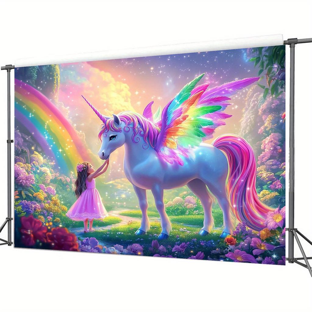1pc Unicorn Fairy Tale Tapestry Magical Wall Hanging Kids Room Decor Enchanted Garden Scene Rainbow Colors