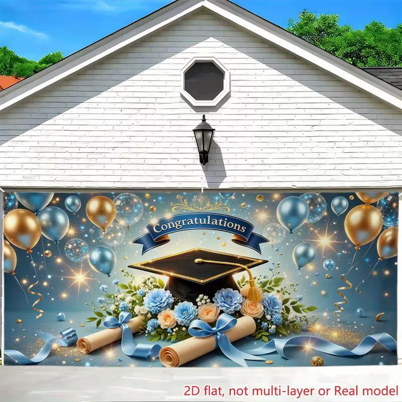 2D Congratulations Graduation Backdrop Navy Gold Cap Diploma Floral Balloon Photo Banner