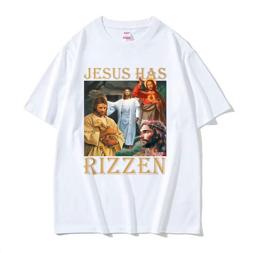 Jesus Has Rizzen Jesus Funny T Shirts Mens Clothing Summer Short Sleeve Pop Vintage Trend Cool Tshirt Cotton Oversized T Shirt