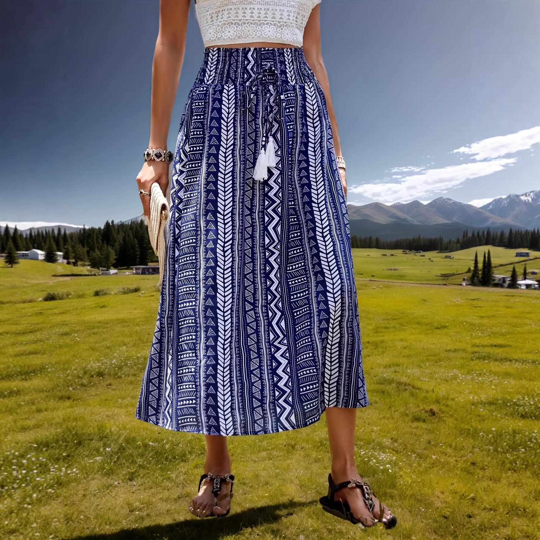 European and American new summer women s skirt, bohemian belt fringed knotted medium and long skirt S темно-синий