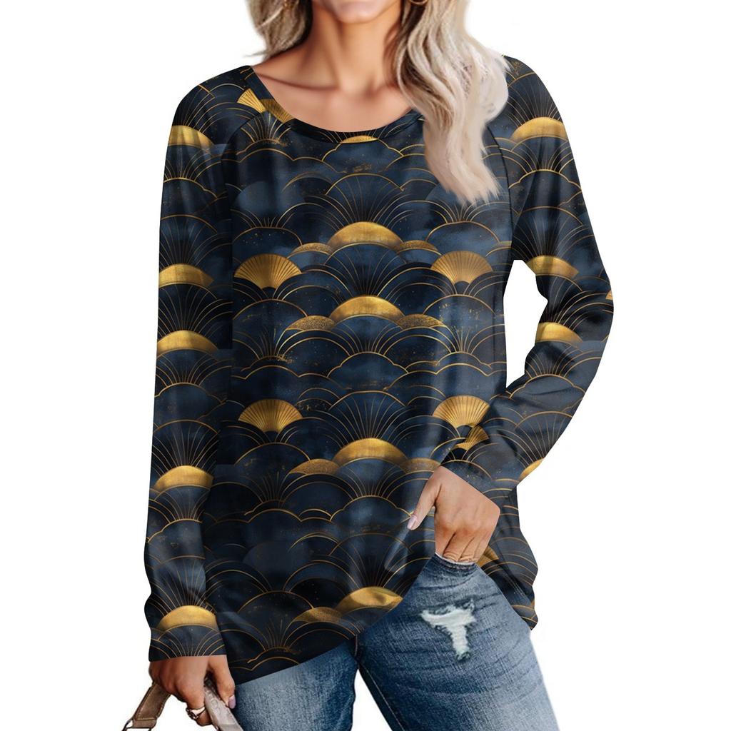 Women's Fashion Casual Long Sleeve  Print Round Neck Pullover Top Blouse