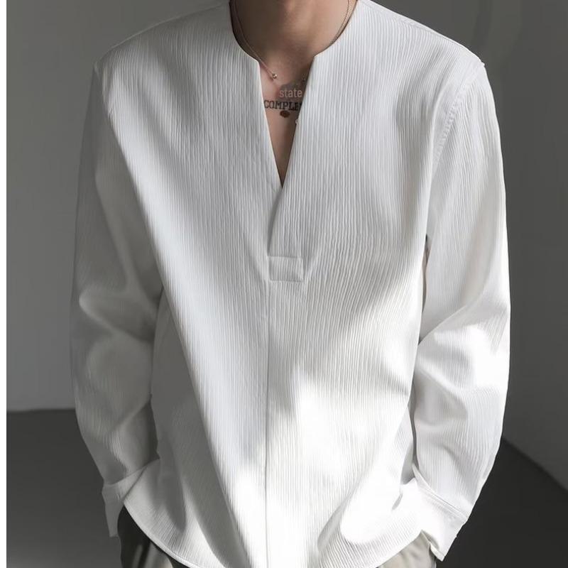 Korean-Style Men's Solid Color V-Neck Long-Sleeve Casual Pullover Shirt