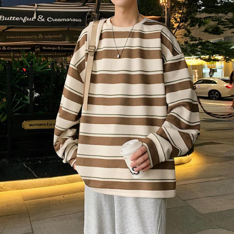 

Новая осенняя японская свежая мужская толстовка в полоску, пуловер с длинными рукавами, модная молодежная популярная толстовка с воротником 3XL