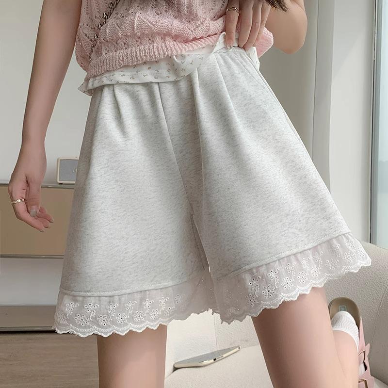 2025 Women's Gray Lace-Trim High Waist Wide-Leg Summer Shorts