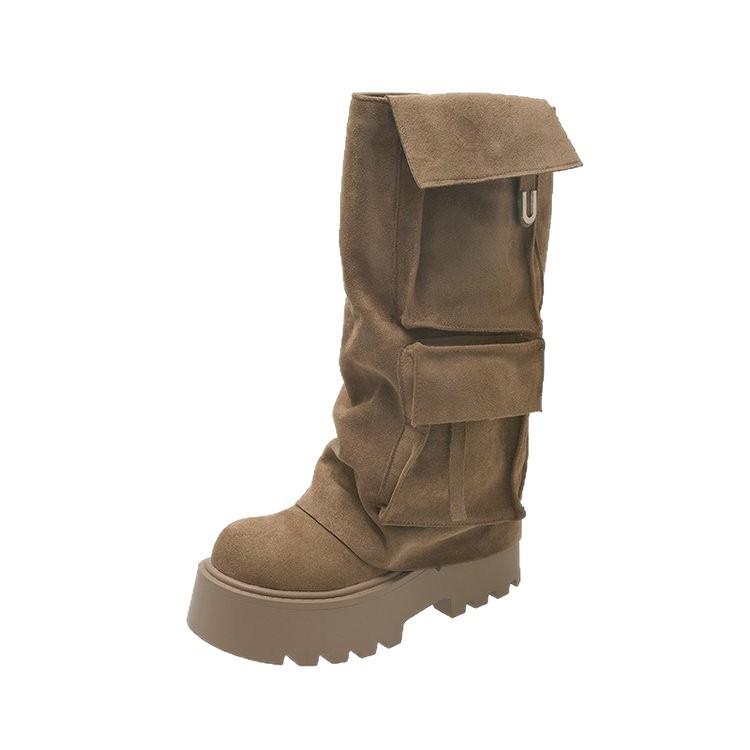 Retro thick-soled trouser boots 2025 summer new thin long boots niche design knight boots pocket tooling boots