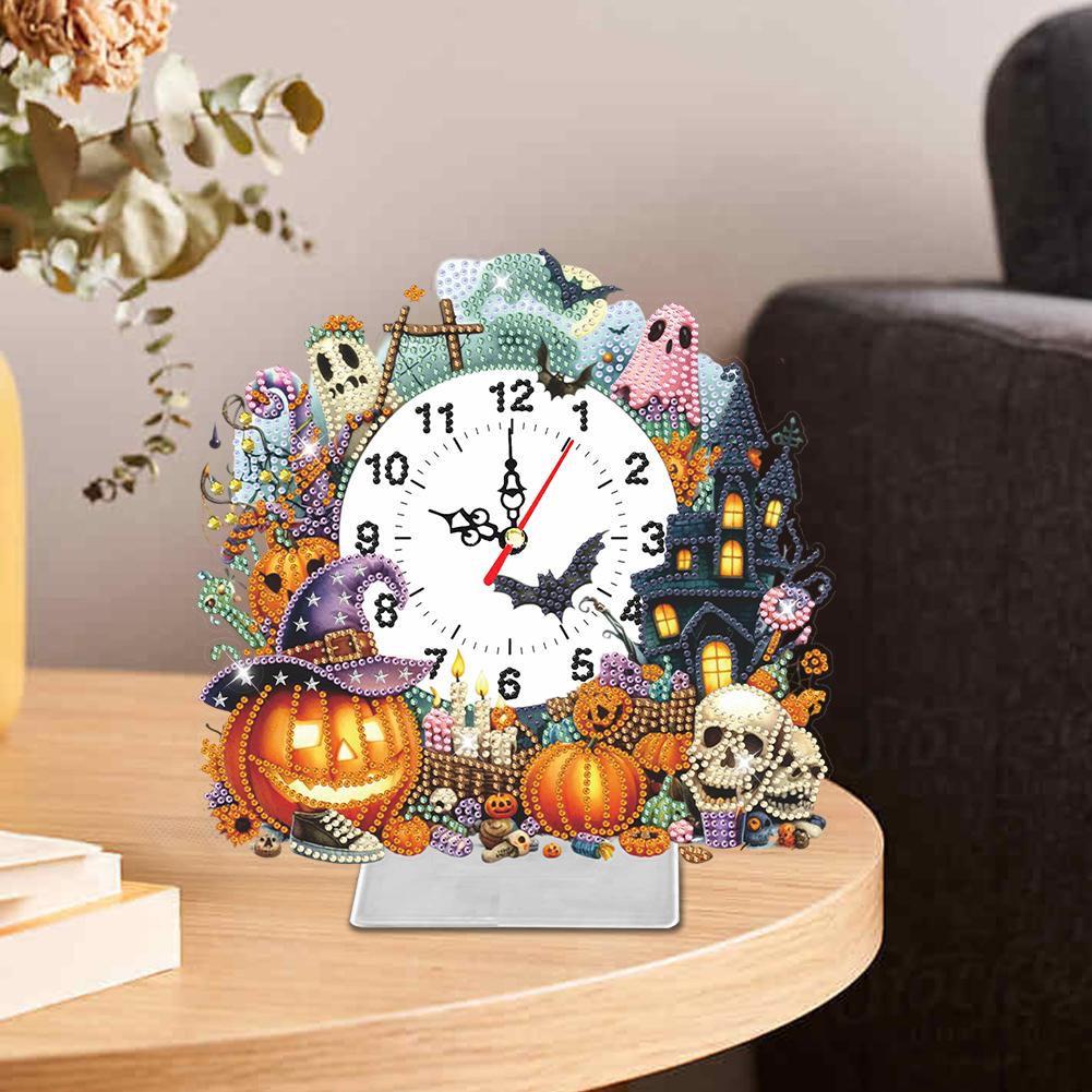 Halloween 2D Flat Acrylic 5D Diamond Art Clock Diamond Art Tabletop Clock Art Craft for Home Decoration Creative Gift