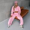 Womens Casual Two-Piece Set: Zip-Up Hoodie Top Drawstring Wide-Leg Pants Cotton Blend All-Season Streetwear