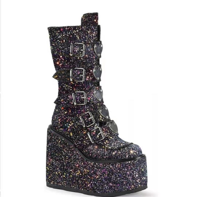 Punk Cosplay Women Sequin Boots Ladies High Boots Comfort Long Tube Boots Pink Platform High Wedges Women Shoes Gothic Boots
