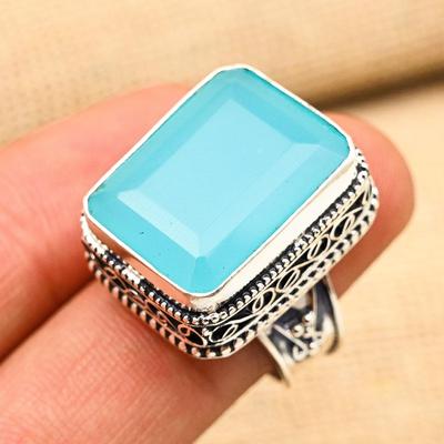 Anello in argento sterling 925 massiccio fatto a mano con pietra preziosa di calcedonio blu per il Ringraziamento