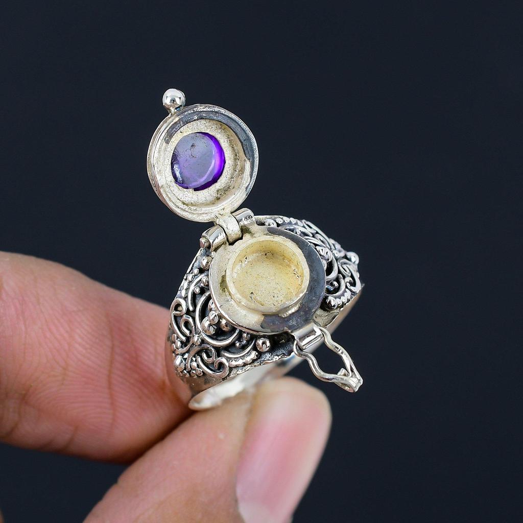 Natural Amethyst Gemstone 925 Sterling Silver Poison Locket Ring For Women & Girls