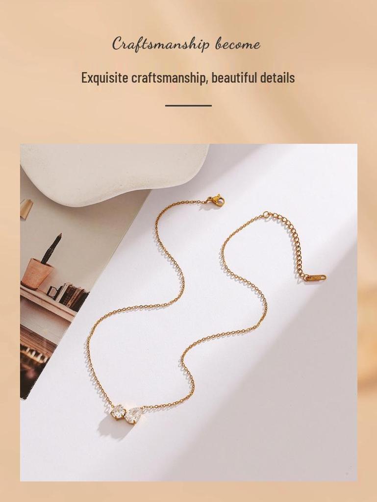 18K Gold-Plated Stainless Steel Necklace with Zircon Pendant - Simple, Fashionable, Waterproof Design for Women
