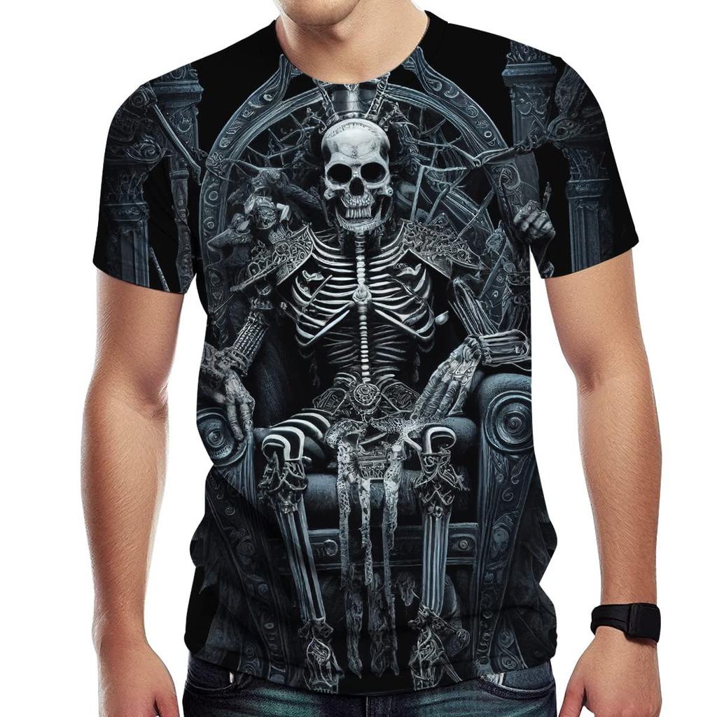 Summer Round Neck 3D Gothic Skeleton King Graphic Print T-shirts Fashionable Casual Short Sleeved Men's T-shirts