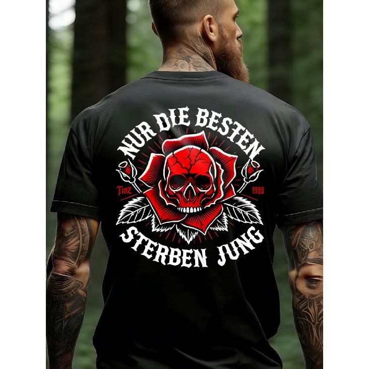 Men's T-Shirt Black Skull Rose And German Text Design for Outdoor Activities
