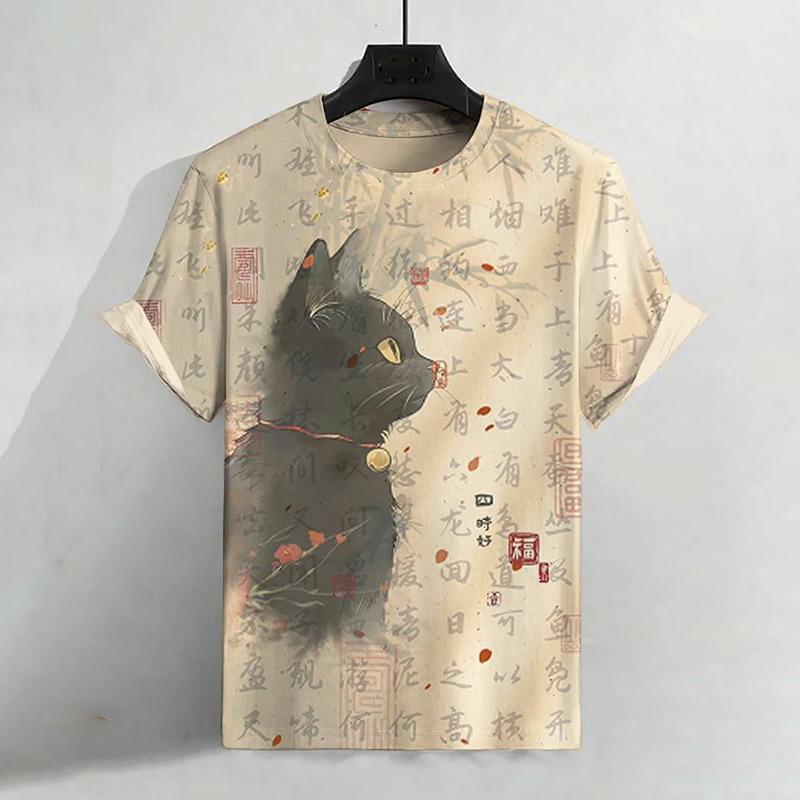 Letní pánské tričko Animal Cute Cat Print Crew Neck Krátký rukáv Tričko Street Trend Tops Nadměrné pánské oblečení Tričko pro muže