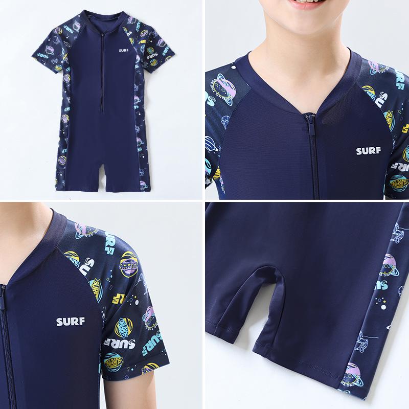 Kids' 2025 Quick-Dry Conservative One-Piece Swimsuit - Boys' Korean Style, Short-Sleeve, Sun Protection, Sporty Design