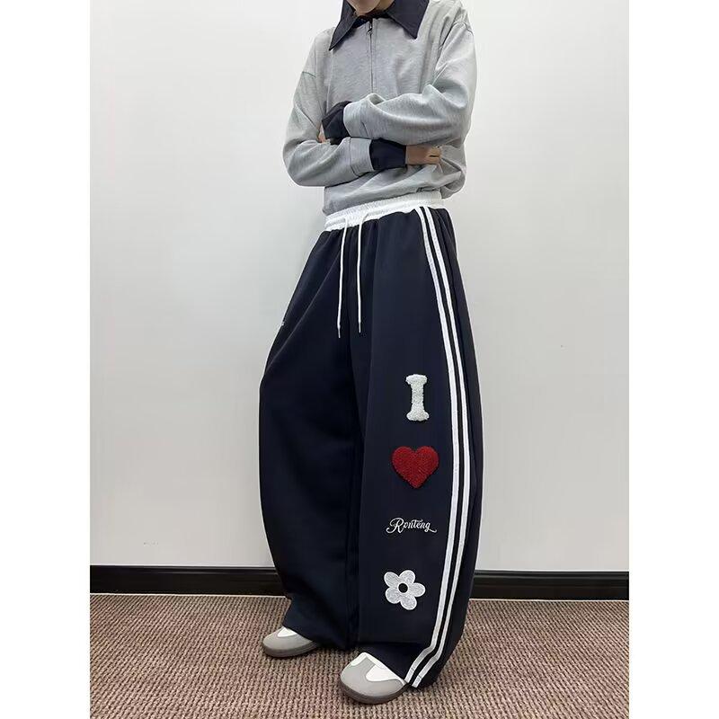 American striped silhouette casual sweatpants men's heavy design sense letter love hip-hop wide-leg couple sports trousers