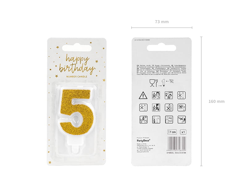 Partydeco Świeczka Urodzinowa Cyfra 5 Złota 7Cm