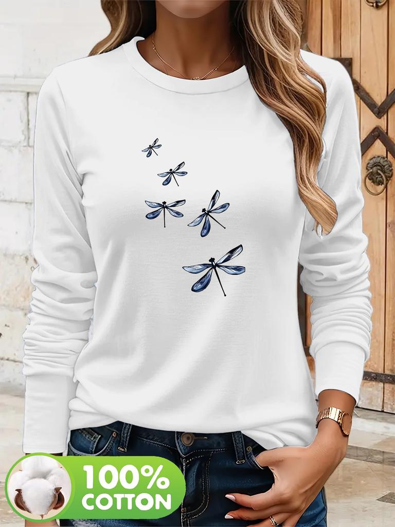 100% Cotton Long Sleeve Dragonfly Women T-shirt Casual Everyday Chic Pullover All-SeasonTop for Fall Winter Autumn