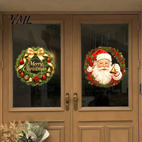 Christmas Home Accessories Wreath Window Stickers, Retro Santa Claus PVC Decals, Waterproof Decorative Seasonal Storefront Display Static Clings