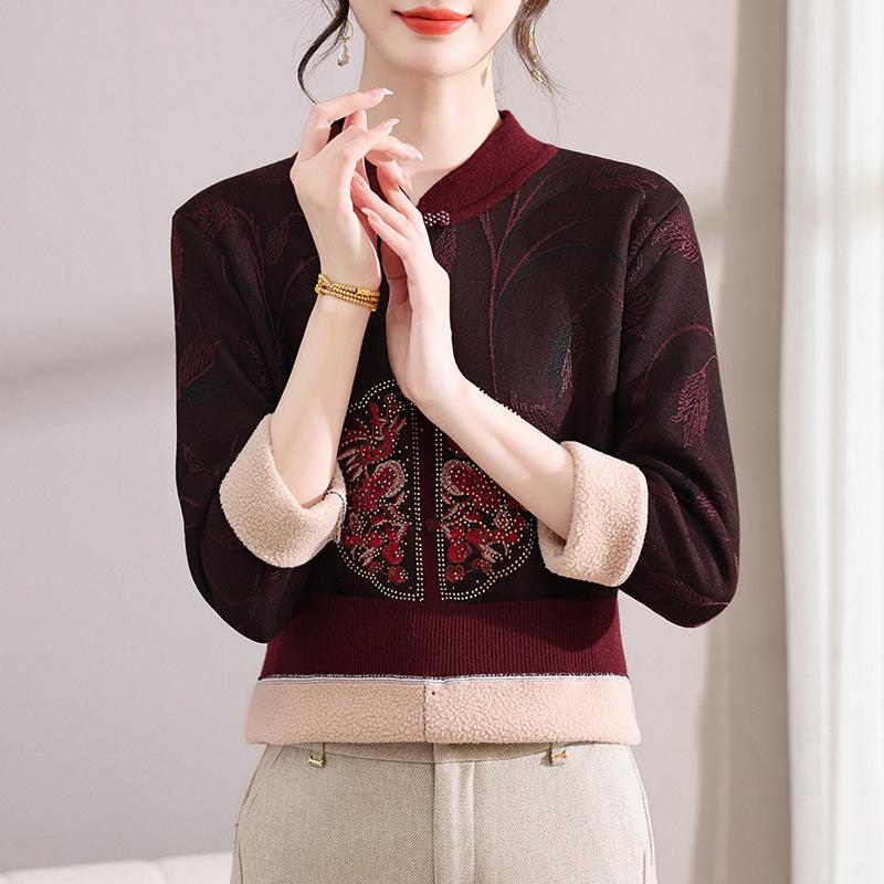 Plus-Velvet National Style Sweater for Middle-Aged and Elderly Women - Autumn/Winter Loose Fit