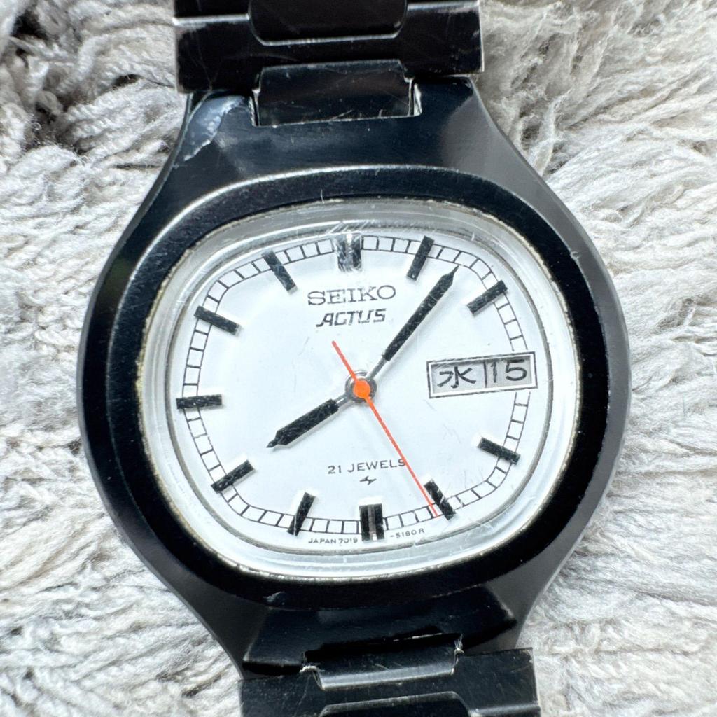 Used SEIKO ACTUS Day-Date 21 Jewels White Dial Black Color 7019-5130