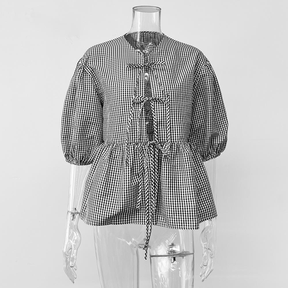 Spring and Summer Women s Retro Plaid Print Short Sleeve Shirt Plaid Top European and American S