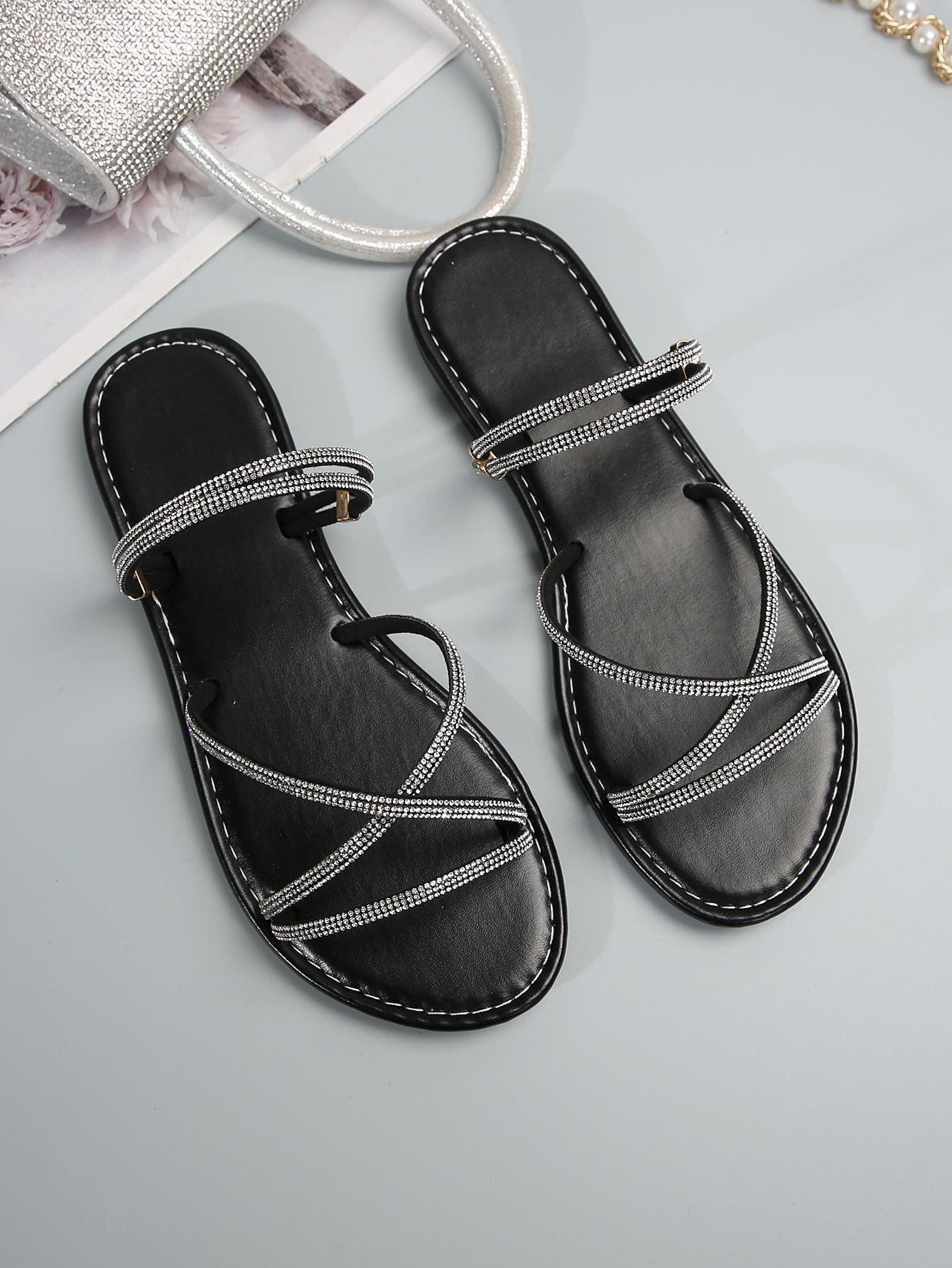 

Rhinestone sandals two wear women s summer new fashion word with non-slip soft sole outside wearing beach cool slippers 43 чёрный