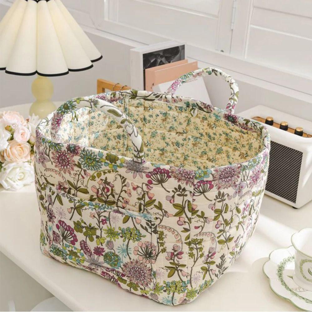 Fabric Floral Pattern Storage Basket Large Capacity Easy Carry Handles Fabric Laundry Basket Quilted Design Collapsible Design