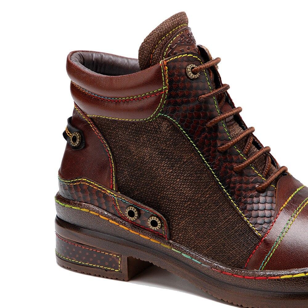 Johnature Genuine Leather Retro Shoes Women Boots Zip Round Toe Mixed Colors Sewing Handmade Concise Platform Boots