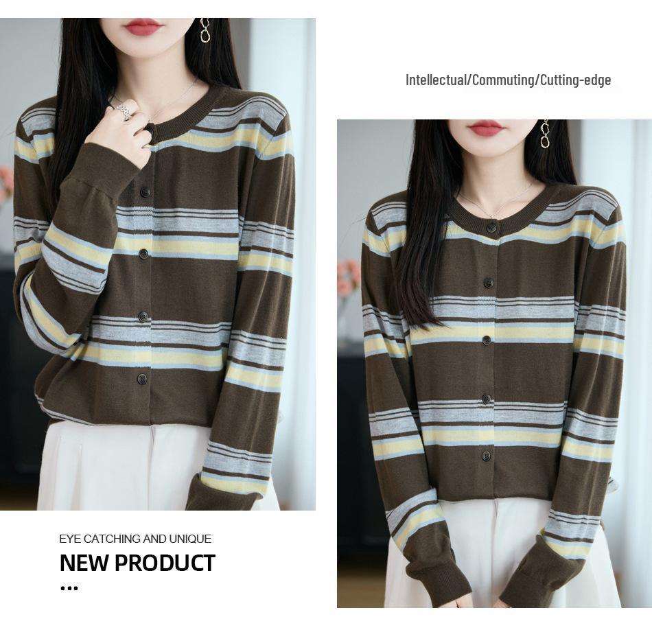 Autumn 2026 Women's Striped Wool Cardigan Sweater, Round Neck, Korean Style