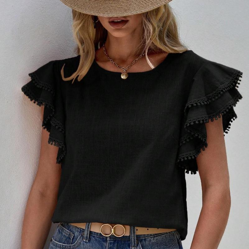 Moda Casual Cuello Redondo Tops de Verano para Mujer Camisas Sueltas Blusa Vintage de Encaje con Borlas y Mangas Volantes Camisa Lisa Elegante de Corte Ajustado para Mujer Nuevo 26424