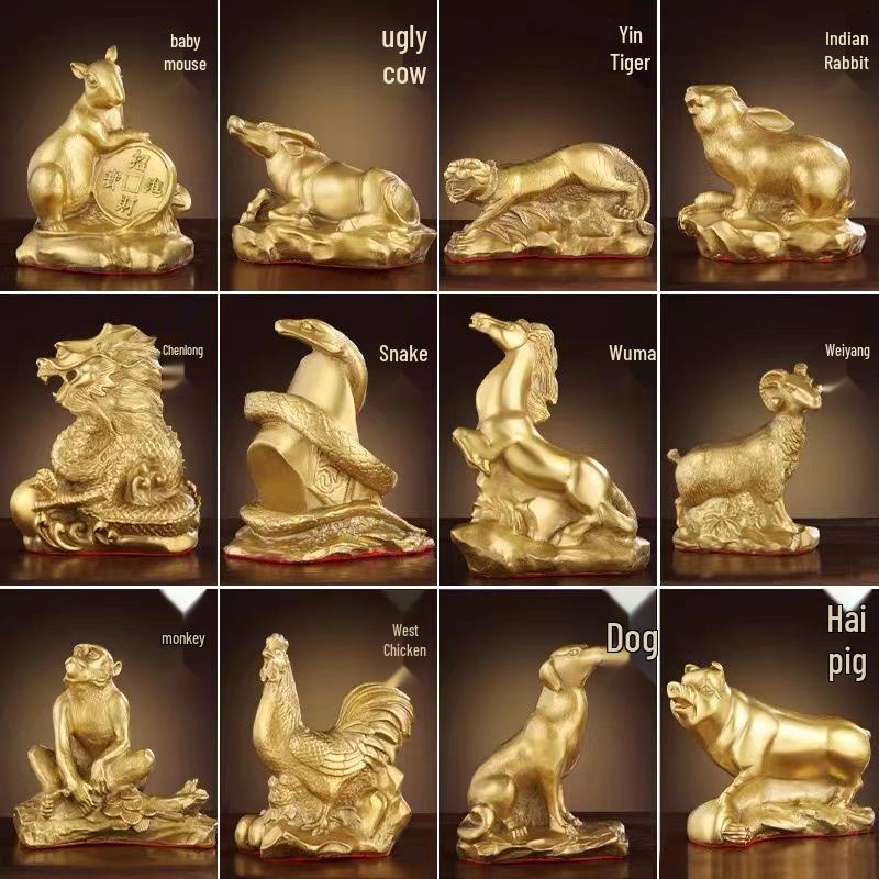 Chinese Zodiac Bronze Brass Ornaments: Rat, Ox, Tiger, Rabbit, Dragon, Snake, Horse, Sheep, Monkey, Rooster, Dog, Pig Crafts