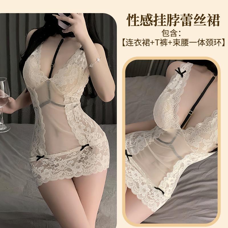 Sexy Underwear Pure Desire Perspective Mesh Lace Suspender Nightdress Sexy Inner Strap Deep V Nightdress