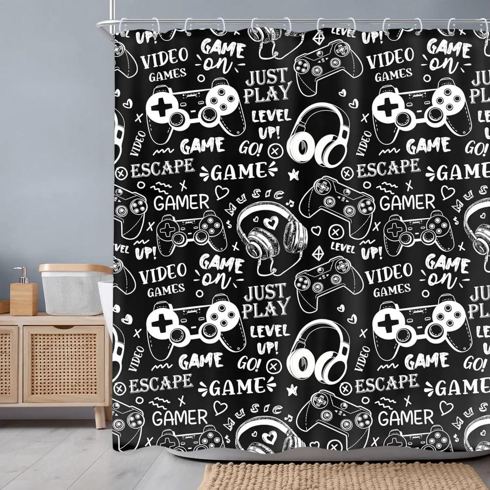 Boys Gamer Video Game Printed Shower Curtain Black White Graffiti Gamepad For Bathroom Decor