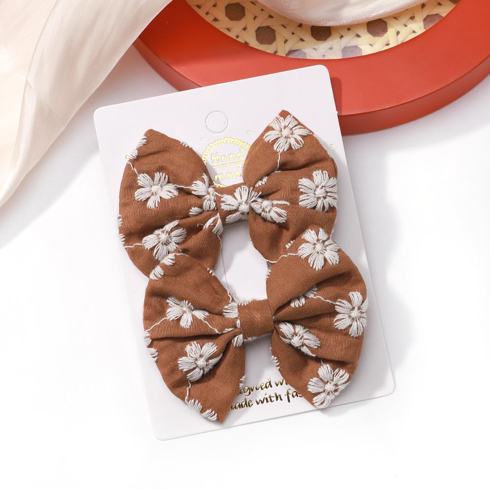 2Pcs/set Bows for Girls Hair Pins Embroidery Printing Hair Clips Solid Color Bowknot Handmade Barrettes Kids Hair Accessories