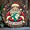 Christmas Santa Claus 2D Metal Wall Art Round Iron Sign Durable Windproof Waterproof Home Decor