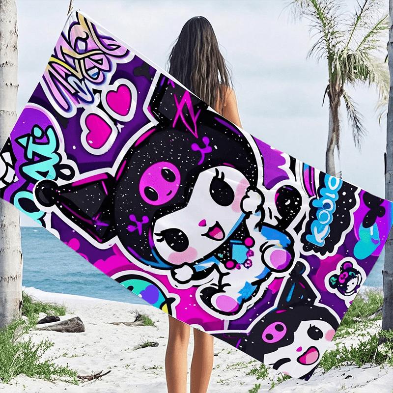 1pc Sanrio Kuromi Hello Kitty Family Print Absorbent Quick Dry Bath Sports Cape Towel for Beach Seaside Swimming Pool