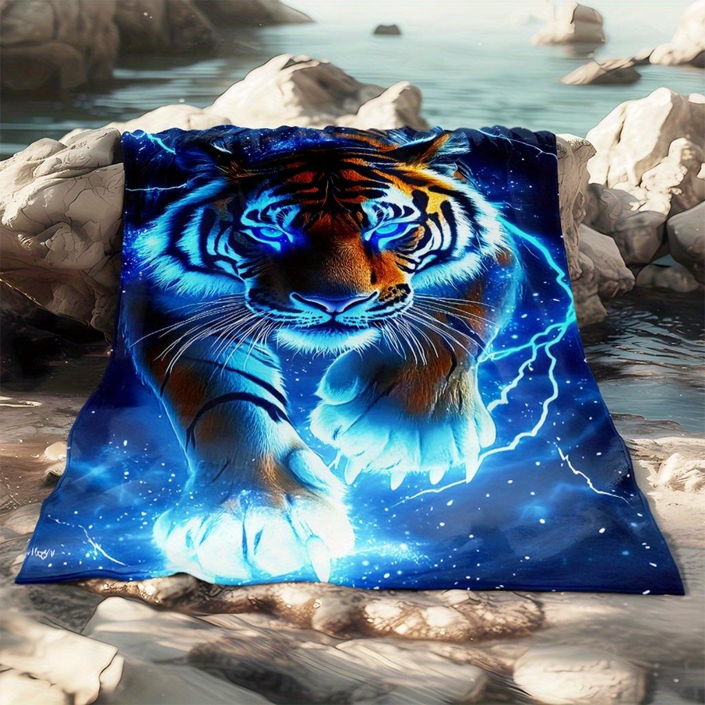 1pc Blue Lightning Tiger Portable Blanket | Lightweight Throw for Sofa Bed Travel Camping, Livingroom Office Couch Chair, and Bed - Digital