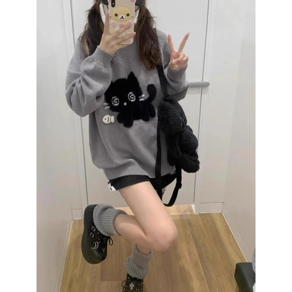 Kawaii Šedé Dámské Svetry Japonský styl Preppy Pletené svetry Cutecore Oversized svetry Sweet Harajuku Soft Girl
