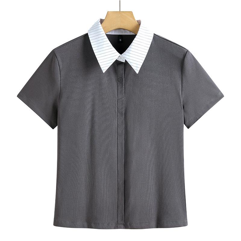 

Женская футболка с коротким рукавом, цветной блок, воротник, корейский стиль, приталенная, хлопковый топ 2025 Double Extra Large темно-серого