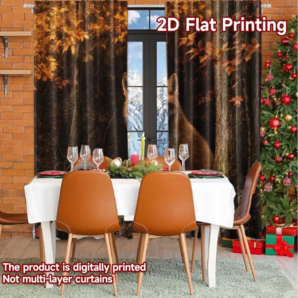 Set Of 2 Flat Printing Curtains Without Rod Autumn Fox Scene Chic Print Festival Versatile Polyester Outdoor Curtain